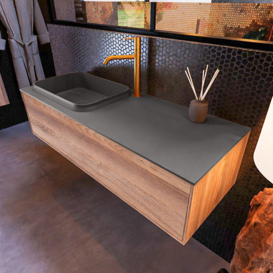 MONDIAZ ERIN 120cm mueble de baño color Dark Brown Grey 1 cajón. Lavabo RIDGE Izquierda 1 orificio color Dark Grey.