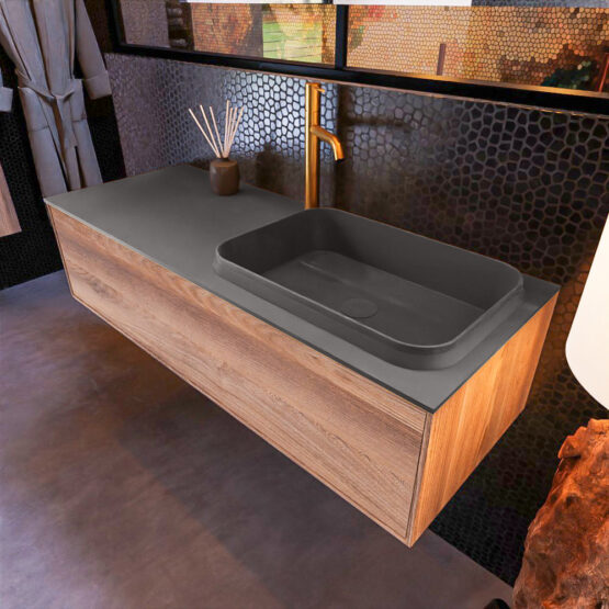 MONDIAZ ERIN 120cm mueble de baño color Dark Brown Grey 1 cajón. Lavabo RIDGE Derecho 1 orificio color Dark Grey.