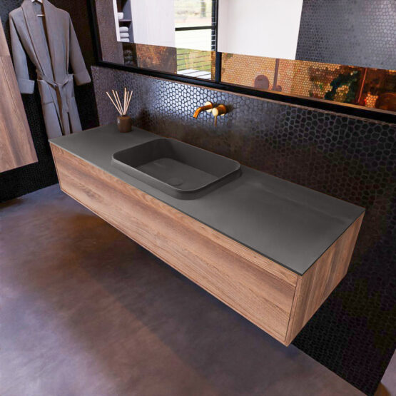 MONDIAZ ERIN 150cm mueble de baño color Dark Brown Grey 1 cajón. Lavabo RIDGE Centro sin orificio color Dark Grey.