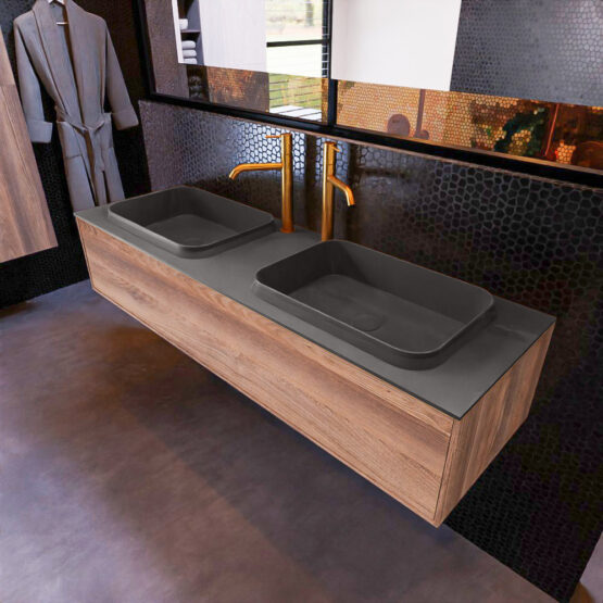 MONDIAZ ERIN 150cm mueble de baño color Dark Brown Grey 1 cajón. Lavabo RIDGE Doble 2 orificios color Dark Grey.