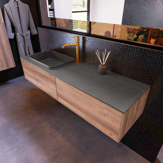 MONDIAZ ERIN 150cm mueble de baño color Dark Brown Grey 2 cajones. Lavabo RIDGE Izquierda 1 orificio color Dark Grey.