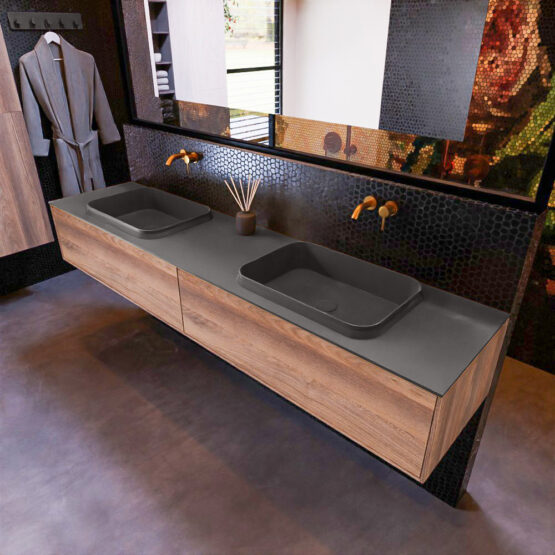 MONDIAZ ERIN 200cm mueble de baño color Dark Brown Grey 2 cajones. Lavabo RIDGE Doble sin orificio color Dark Grey.
