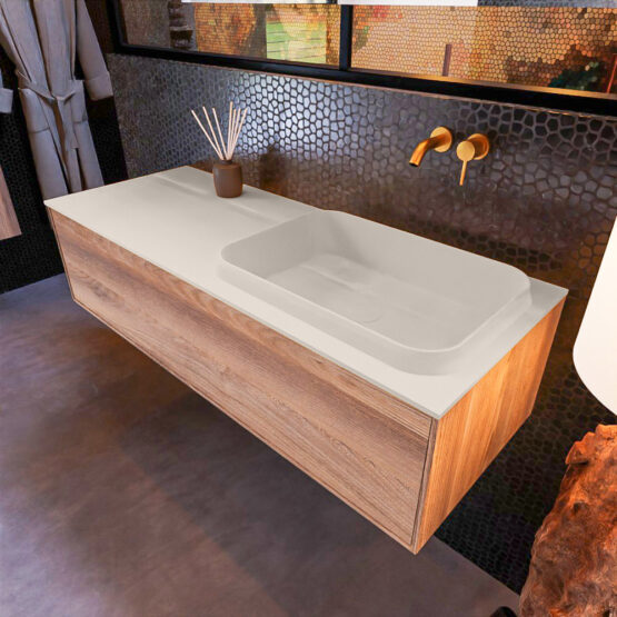 MONDIAZ ERIN 120cm mueble de baño color Dark Brown Grey 1 cajón. Lavabo RIDGE Derecho sin orificio color Linen.