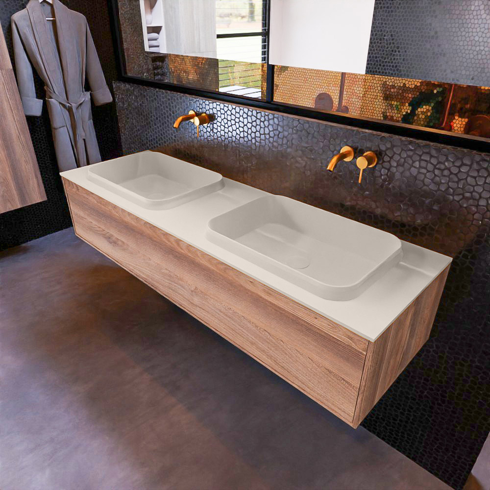 MONDIAZ ERIN 150cm mueble de baño color Dark Brown Grey 1 cajón. Lavabo RIDGE Doble sin orificio color Linen. 1 MONDIAZ ERIN 150cm mueble de baño color Dark Brown Grey 1 cajón. Lavabo RIDGE Doble sin orificio color Linen.