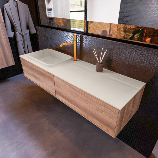 MONDIAZ ERIN 150cm mueble de baño color Dark Brown Grey 2 cajones. Lavabo RIDGE Izquierda 1 orificio color Linen.