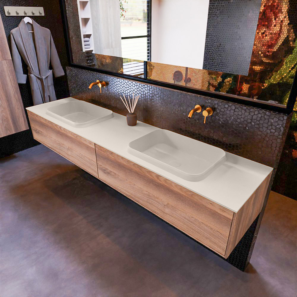 MONDIAZ ERIN 200cm mueble de baño color Dark Brown Grey 2 cajones. Lavabo RIDGE Doble sin orificio color Linen. 1 MONDIAZ ERIN 200cm mueble de baño color Dark Brown Grey 2 cajones. Lavabo RIDGE Doble sin orificio color Linen.