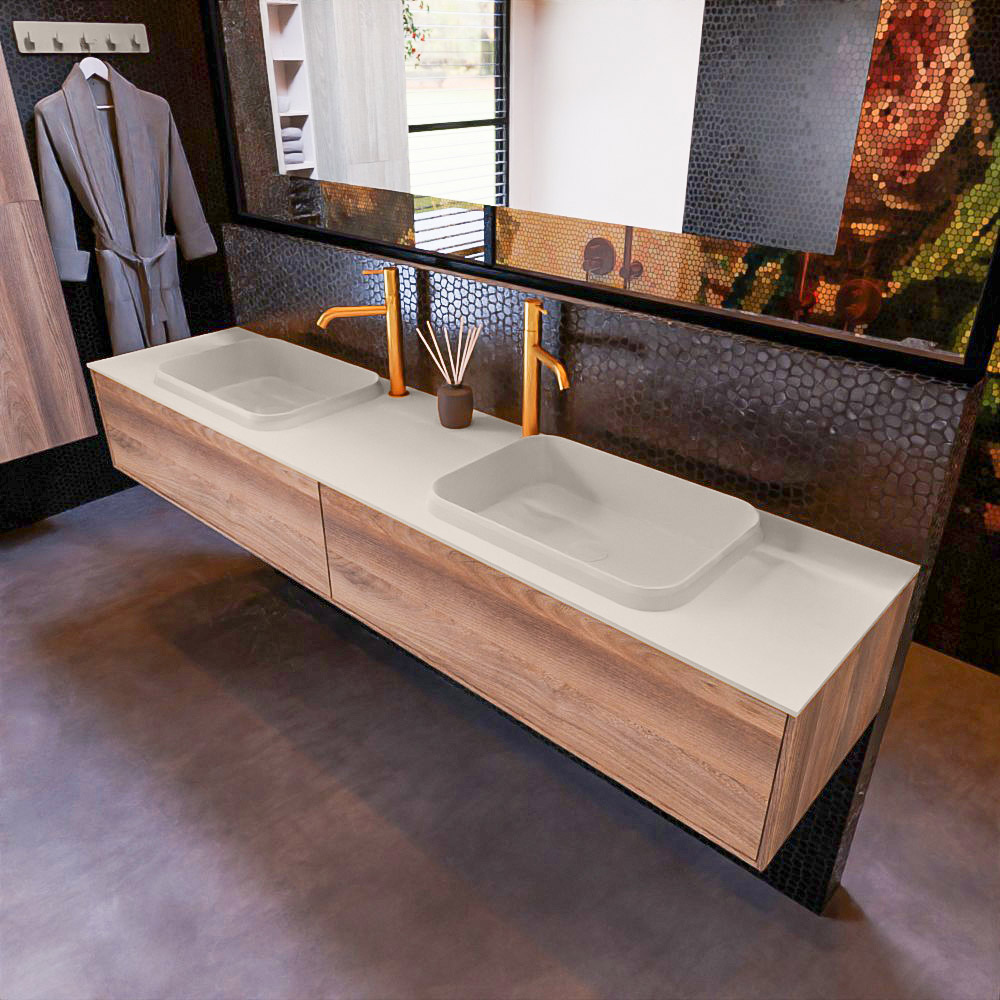 MONDIAZ ERIN 200cm mueble de baño color Dark Brown Grey 2 cajones. Lavabo RIDGE Doble 2 orificios color Linen. 1 MONDIAZ ERIN 200cm mueble de baño color Dark Brown Grey 2 cajones. Lavabo RIDGE Doble 2 orificios color Linen.