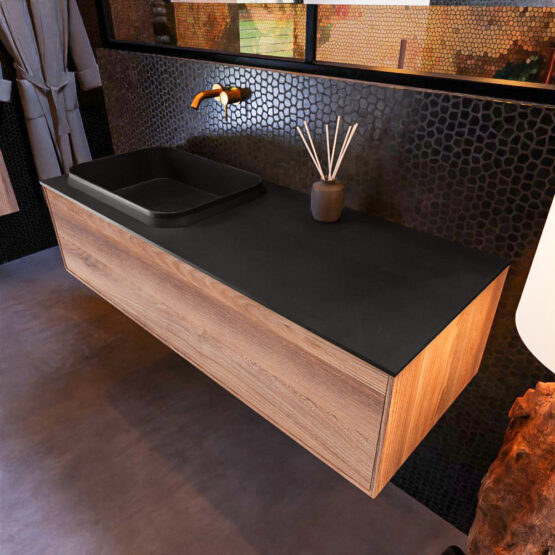 MONDIAZ ERIN 120cm mueble de baño color Dark Brown Grey 1 cajón. Lavabo RIDGE Izquierda sin orificio color Urban.