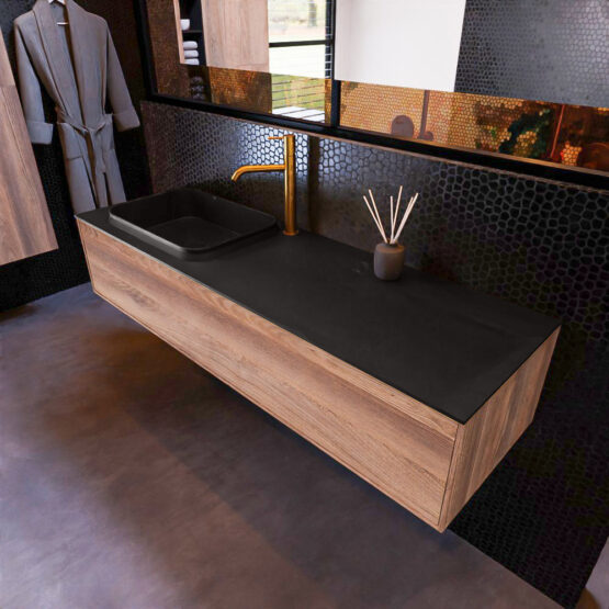 MONDIAZ ERIN 150cm mueble de baño color Dark Brown Grey 1 cajón. Lavabo RIDGE Izquierda 1 orificio color Urban.