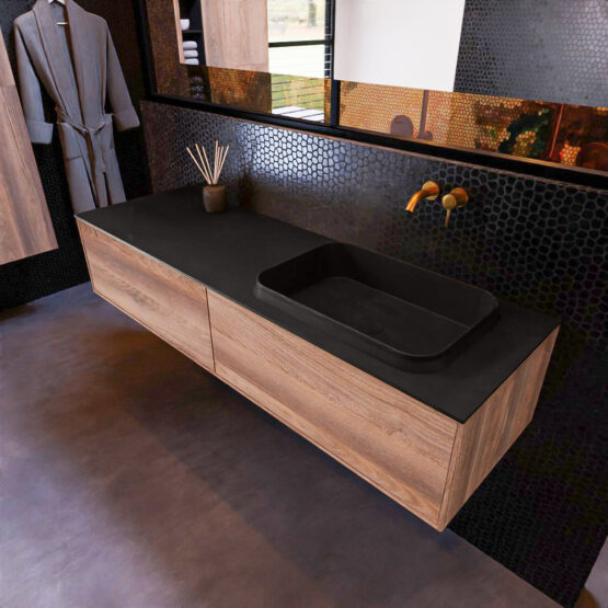 MONDIAZ ERIN 150cm mueble de baño color Dark Brown Grey 2 cajones. Lavabo RIDGE Derecho sin orificio color Urban.