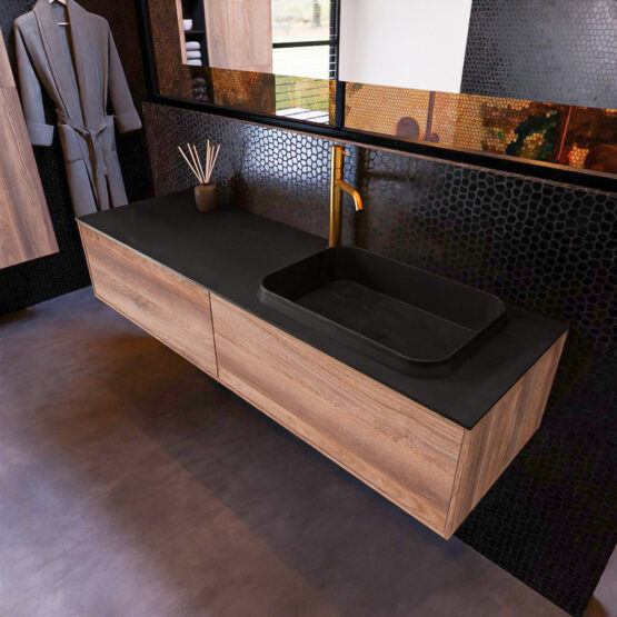 MONDIAZ ERIN 150cm mueble de baño color Dark Brown Grey 2 cajones. Lavabo RIDGE Derecho 1 orificio color Urban.