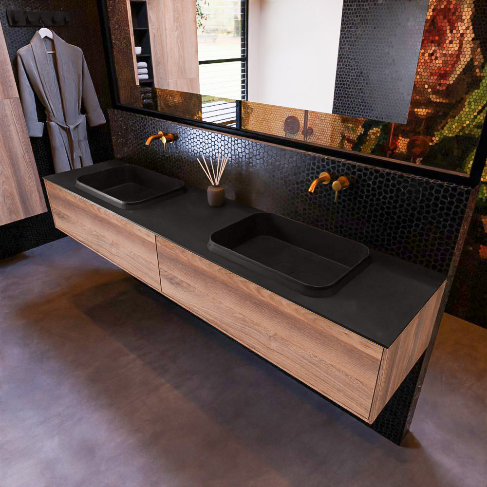 MONDIAZ ERIN 200cm mueble de baño color Dark Brown Grey 2 cajones. Lavabo RIDGE Doble sin orificio color Urban. 1 MONDIAZ ERIN 200cm mueble de baño color Dark Brown Grey 2 cajones. Lavabo RIDGE Doble sin orificio color Urban.