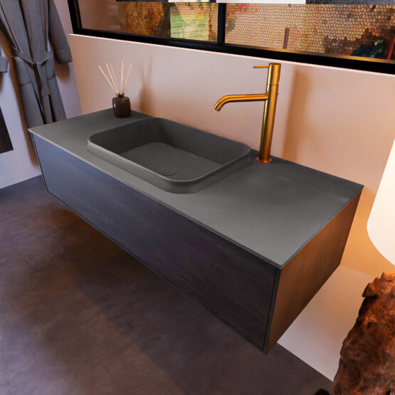 MONDIAZ ERIN 120cm mueble de baño color Dark Brown 1 cajón. Lavabo RIDGE Centro 1 orificio color Dark Grey.
