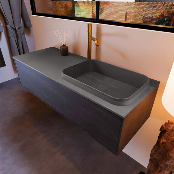 MONDIAZ ERIN 120cm mueble de baño color Dark Brown 1 cajón. Lavabo RIDGE Derecho 1 orificio color Dark Grey.