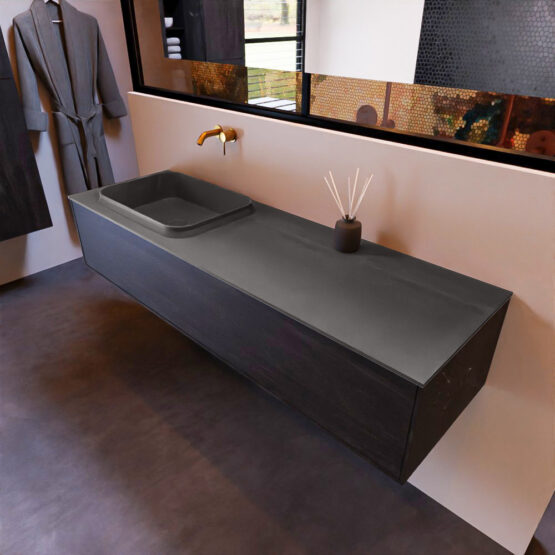 MONDIAZ ERIN 150cm mueble de baño color Dark Brown 1 cajón. Lavabo RIDGE Izquierda sin orificio color Dark Grey.