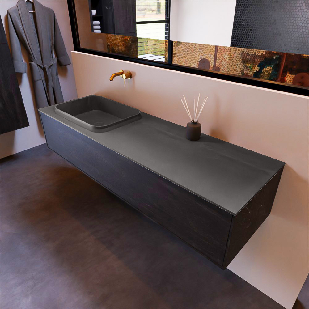MONDIAZ ERIN 150cm mueble de baño color Dark Brown 1 cajón. Lavabo RIDGE Izquierda sin orificio color Dark Grey. 1 MONDIAZ ERIN 150cm mueble de baño color Dark Brown 1 cajón. Lavabo RIDGE Izquierda sin orificio color Dark Grey.