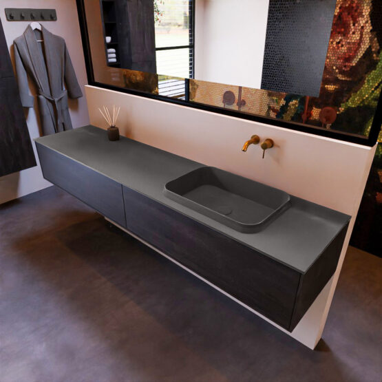 MONDIAZ ERIN 200cm mueble de baño color Dark Brown 2 cajones. Lavabo RIDGE Derecho sin orificio color Dark Grey.