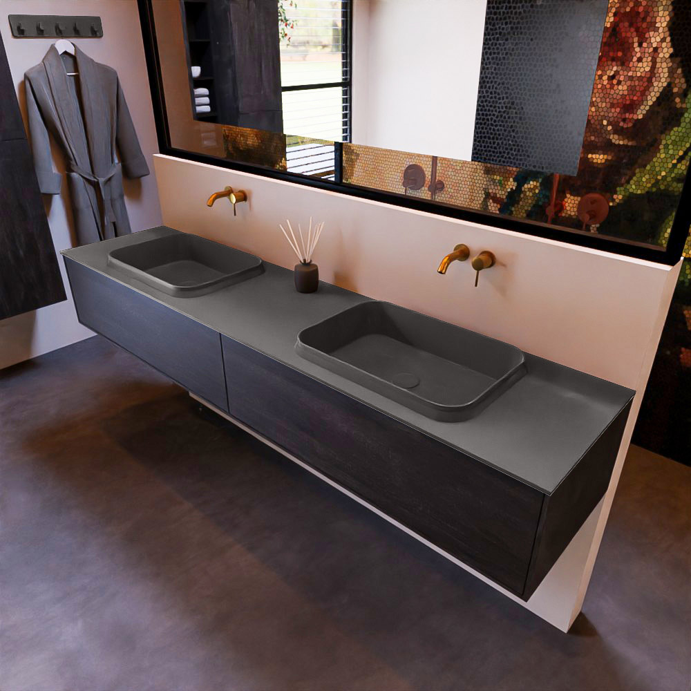 MONDIAZ ERIN 200cm mueble de baño color Dark Brown 2 cajones. Lavabo RIDGE Doble sin orificio color Dark Grey. 1 MONDIAZ ERIN 200cm mueble de baño color Dark Brown 2 cajones. Lavabo RIDGE Doble sin orificio color Dark Grey.