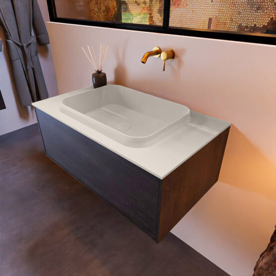 MONDIAZ ERIN 80cm mueble de baño color Dark Brown 1 cajón. Lavabo RIDGE Centro sin orificio color Linen.