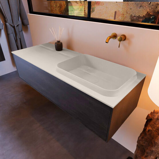 MONDIAZ ERIN 120cm mueble de baño color Dark Brown 1 cajón. Lavabo RIDGE Derecho sin orificio color Linen.
