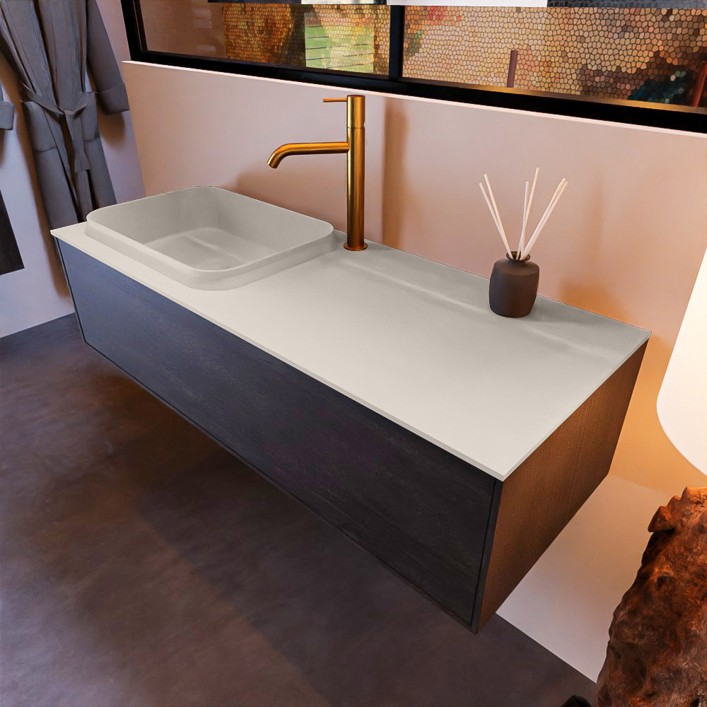 MONDIAZ ERIN 120cm mueble de baño color Dark Brown 1 cajón. Lavabo RIDGE Izquierda 1 orificio color Linen. 1 MONDIAZ ERIN 120cm mueble de baño color Dark Brown 1 cajón. Lavabo RIDGE Izquierda 1 orificio color Linen.