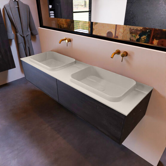 MONDIAZ ERIN 150cm mueble de baño color Dark Brown 2 cajones. Lavabo RIDGE Doble sin orificio color Linen.
