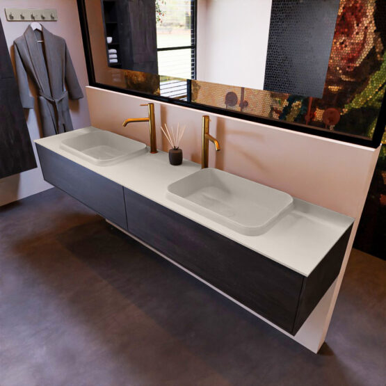 MONDIAZ ERIN 200cm mueble de baño color Dark Brown 2 cajones. Lavabo RIDGE Doble 2 orificios color Linen.