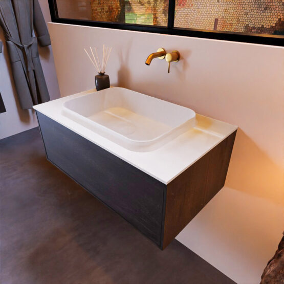 MONDIAZ ERIN 80cm mueble de baño color Dark Brown 1 cajón. Lavabo RIDGE Centro sin orificio color Talc.