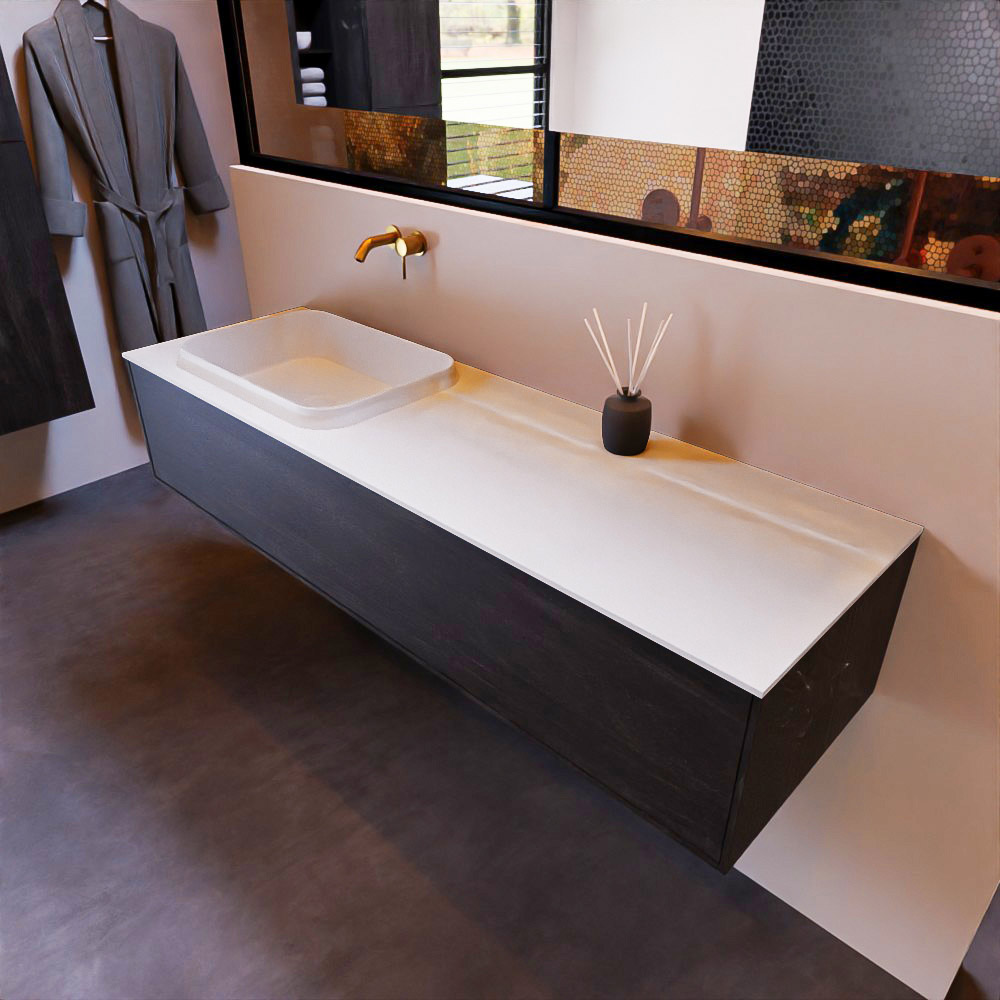 MONDIAZ ERIN 150cm mueble de baño color Dark Brown 1 cajón. Lavabo RIDGE Izquierda sin orificio color Talc. 1 MONDIAZ ERIN 150cm mueble de baño color Dark Brown 1 cajón. Lavabo RIDGE Izquierda sin orificio color Talc.