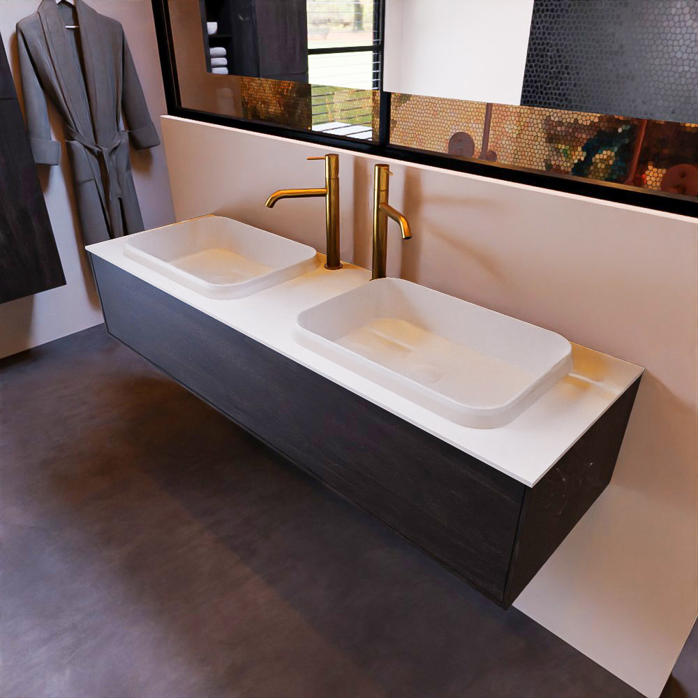 MONDIAZ ERIN 150cm mueble de baño color Dark Brown 1 cajón. Lavabo RIDGE Doble 2 orificios color Talc. 1 MONDIAZ ERIN 150cm mueble de baño color Dark Brown 1 cajón. Lavabo RIDGE Doble 2 orificios color Talc.