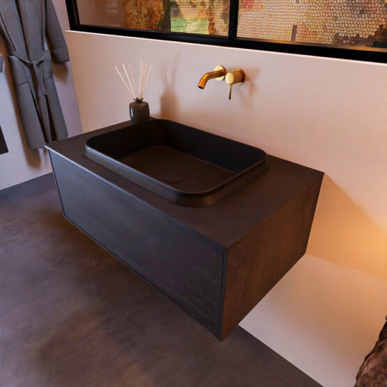 MONDIAZ ERIN 80cm mueble de baño color Dark Brown 1 cajón. Lavabo RIDGE Centro sin orificio color Urban.