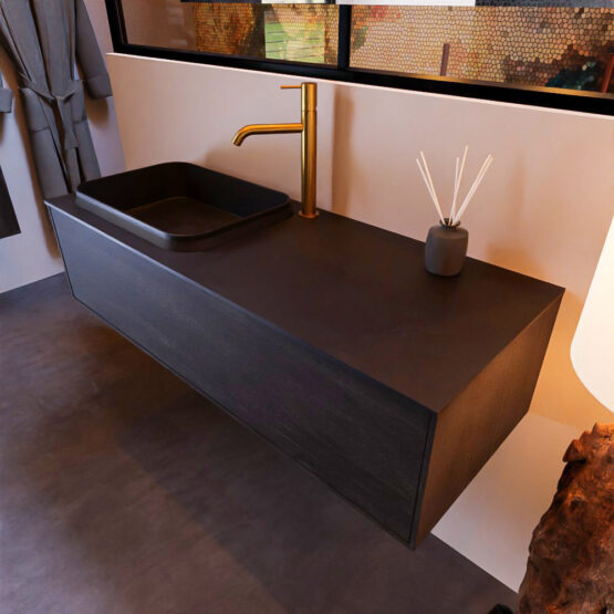 MONDIAZ ERIN 120cm mueble de baño color Dark Brown 1 cajón. Lavabo RIDGE Izquierda 1 orificio color Urban.