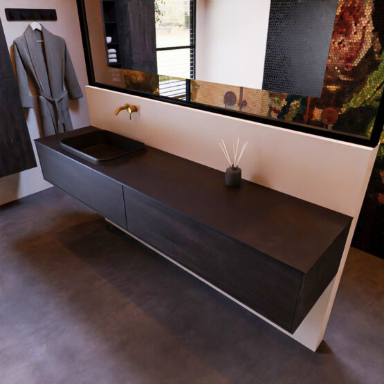 MONDIAZ ERIN 200cm mueble de baño color Dark Brown 2 cajones. Lavabo RIDGE Izquierda sin orificio color Urban.