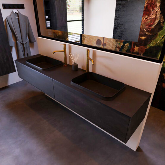MONDIAZ ERIN 200cm mueble de baño color Dark Brown 2 cajones. Lavabo RIDGE Doble 2 orificios color Urban.