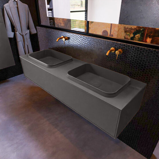 MONDIAZ ERIN 150cm mueble de baño color Dark Grey 1 cajón. Lavabo RIDGE Doble sin orificio color Dark Grey.