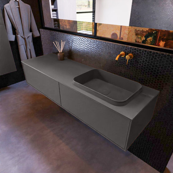 MONDIAZ ERIN 150cm mueble de baño color Dark Grey 2 cajones. Lavabo RIDGE Derecho sin orificio color Dark Grey.