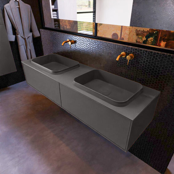 MONDIAZ ERIN 150cm mueble de baño color Dark Grey 2 cajones. Lavabo RIDGE Doble sin orificio color Dark Grey.
