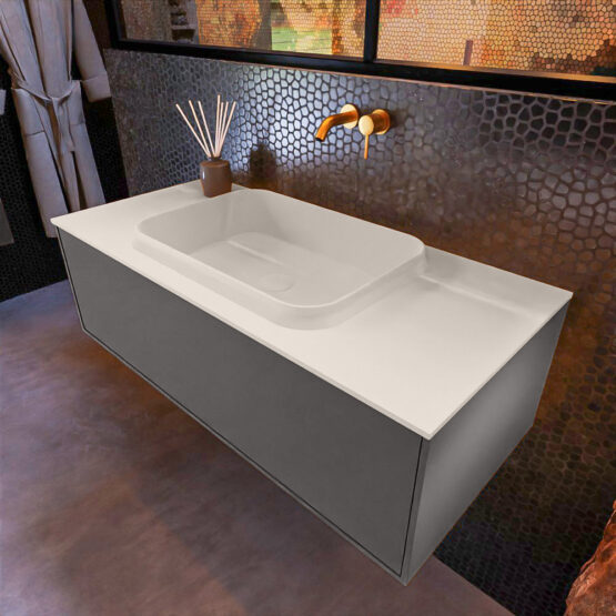 MONDIAZ ERIN 100cm mueble de baño color Dark Grey 1 cajón. Lavabo RIDGE Centro sin orificio color Linen.
