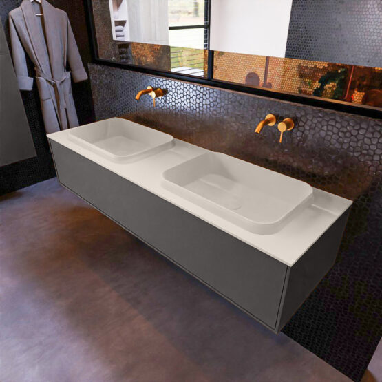 MONDIAZ ERIN 150cm mueble de baño color Dark Grey 1 cajón. Lavabo RIDGE Doble sin orificio color Linen.