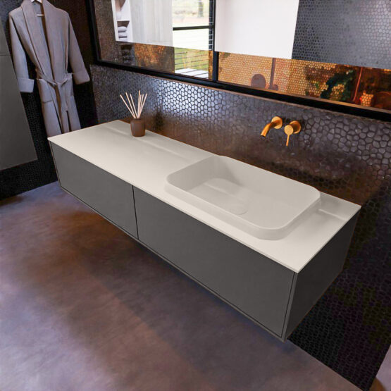 MONDIAZ ERIN 150cm mueble de baño color Dark Grey 2 cajones. Lavabo RIDGE Derecho sin orificio color Linen.