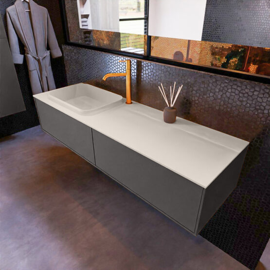 MONDIAZ ERIN 150cm mueble de baño color Dark Grey 2 cajones. Lavabo RIDGE Izquierda 1 orificio color Linen.