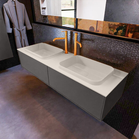 MONDIAZ ERIN 150cm mueble de baño color Dark Grey 2 cajones. Lavabo RIDGE Doble 2 orificios color Linen.