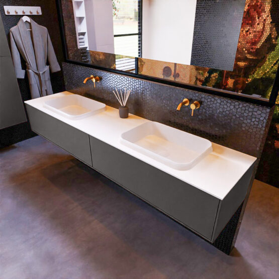 MONDIAZ ERIN 200cm mueble de baño color Dark Grey 2 cajones. Lavabo RIDGE Doble sin orificio color Talc.