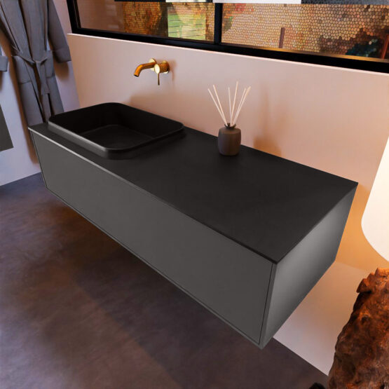 MONDIAZ ERIN 120cm mueble de baño color Dark Grey 1 cajón. Lavabo RIDGE Izquierda sin orificio color Urban.