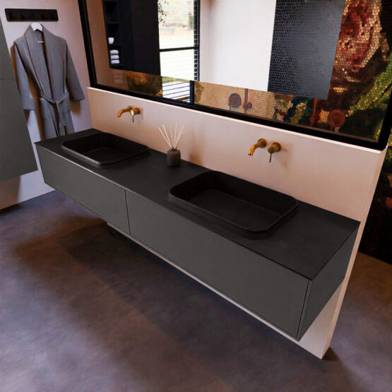 MONDIAZ ERIN 200cm mueble de baño color Dark Grey 2 cajones. Lavabo RIDGE Doble sin orificio color Urban.