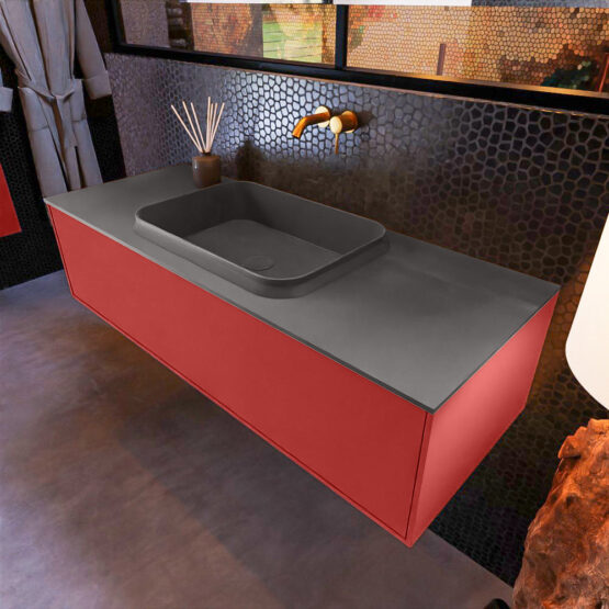 MONDIAZ ERIN 120cm mueble de baño color Fire 1 cajón. Lavabo RIDGE Centro sin orificio color Dark Grey.
