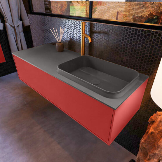 MONDIAZ ERIN 120cm mueble de baño color Fire 1 cajón. Lavabo RIDGE Derecho 1 orificio color Dark Grey.