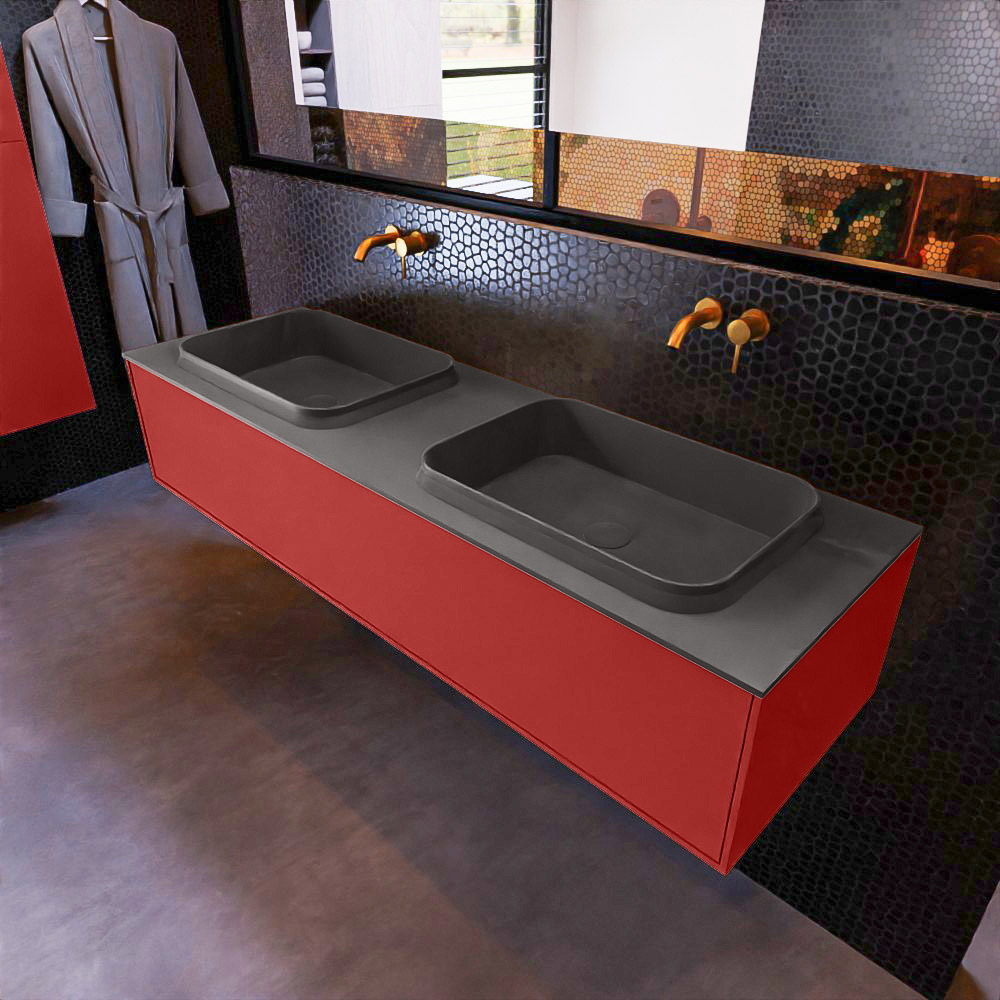 MONDIAZ ERIN 150cm mueble de baño color Fire 1 cajón. Lavabo RIDGE Doble sin orificio color Dark Grey. 1 MONDIAZ ERIN 150cm mueble de baño color Fire 1 cajón. Lavabo RIDGE Doble sin orificio color Dark Grey.