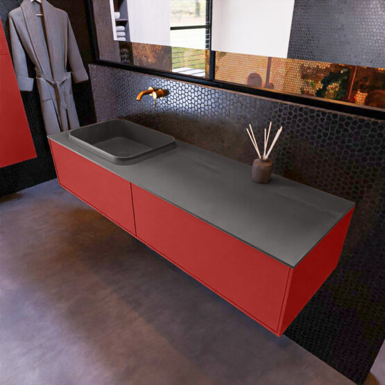MONDIAZ ERIN 150cm mueble de baño color Fire 2 cajones. Lavabo RIDGE Izquierda sin orificio color Dark Grey.