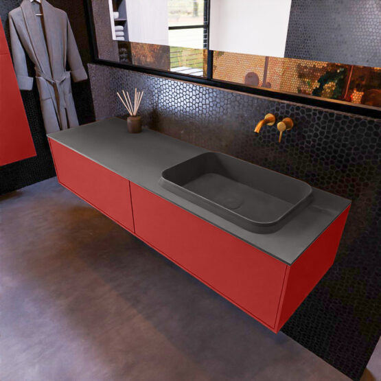 MONDIAZ ERIN 150cm mueble de baño color Fire 2 cajones. Lavabo RIDGE Derecho sin orificio color Dark Grey.